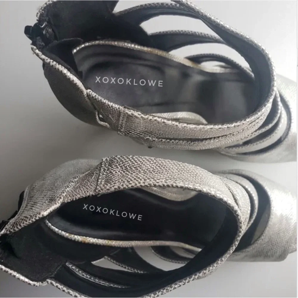 Silver Vegan Leather Strappy Platform Peep Toe Shoe